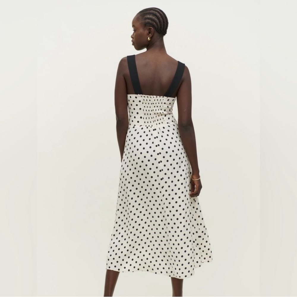 Reformation Charlie Polka Dot Midi Dress with Black Trim size 2 - Picture 3 of 8